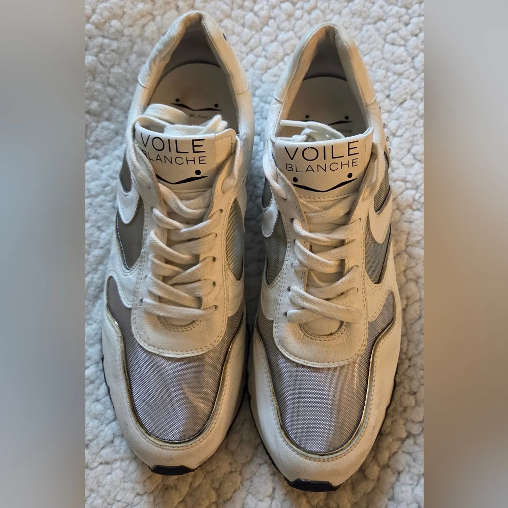 Voile Blanche Women’s White‎ Silver Leather Mesh Sneakers Size 39 Italy US 8.5/9